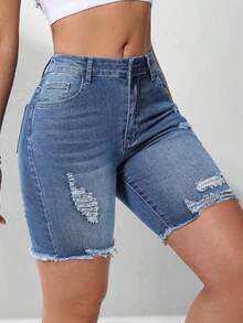 Flexra Women's Pocket Distressed Frayed Hem Skinny Casual Denim Shorts - Medium Wash - View 5