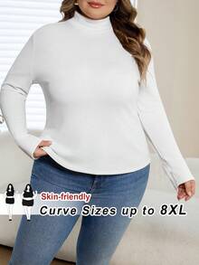 SHEIN CURVE+ Plus Size White Knitted Long Sleeve High Neck Casual T Shirt With Rib-Knit Details - White - View 4