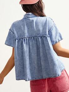 Bohemela Women's Single-Breasted Frayed Casual Versatile Daily Wear Denim Short Sleeve Top - Light Wash - View 2