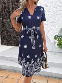 SHEIN Clasi 女士优雅亚麻V领系带印花中长连衣裙，夏季度假装 - 彩色 - 查看 5