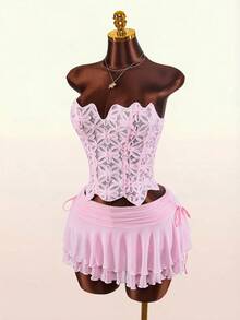 Amplova Women Floral Bandeau Top And Drawstring Waist Skirt Sexy 2 Pieces Set Floral Fabric Bud Bustier With Bow Tie, Sleeveless And Backless, Paired With An Ultra-Low-Waisted, Adjustable Mesh A-Line Skirt With Ruffled Hem – A Two-Piece Set Perfect For Spring Vacation Wear. Summer Dresses For Women Elegant Dresses For Party Summer Holiday Outfits Casual Outfits For Women Skirt Swimsuit Pink Corset Dress Dance Costume Pink Dress Short Pink Rave Outfit - Pink - View 6