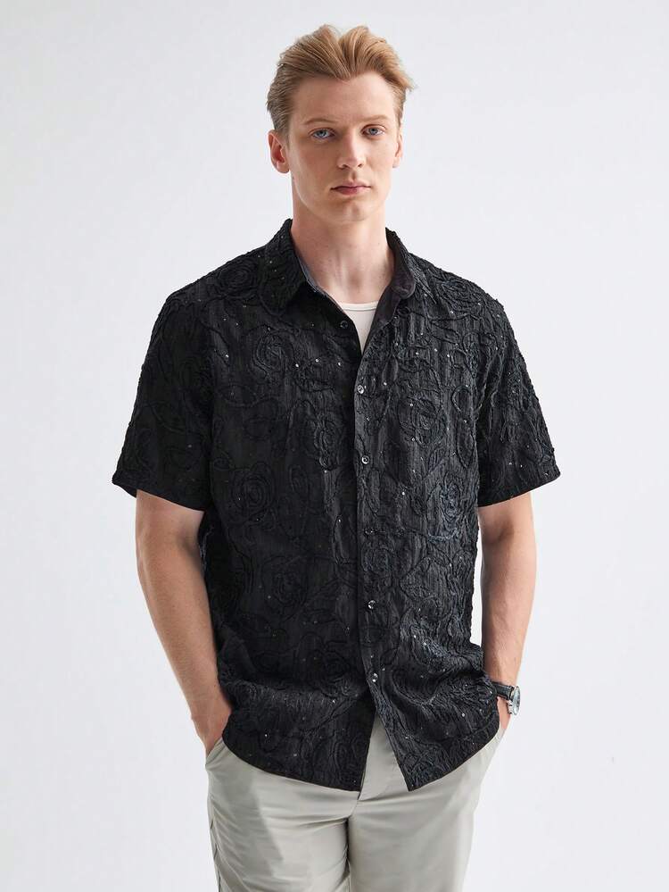 Men's Woven Plain Velvet Thread Beaded Embroidery Short Sleeve Regular Fit Casual Shirt, Suitable For Daily Wear In Spring And Summer
