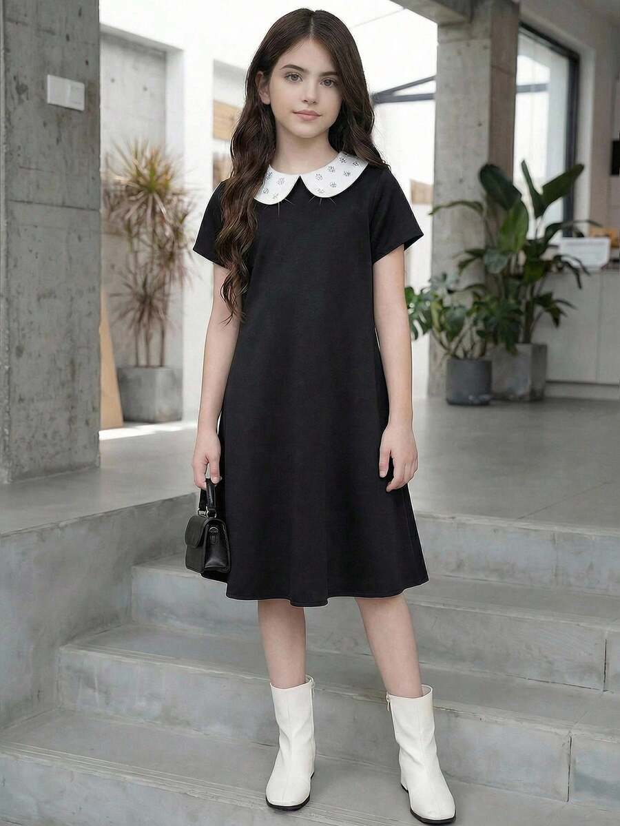 SHEIN Tween Girls Black & White Contrast Collar A-Line Dress, Cute & Sweet For Casual, Holiday, Party Wear - Black and White - View 1
