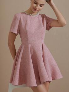 Revavyn Elegante abito mini da donna con collo rotondo, vita stretta e orlo ampio, decorato con cristalli, ispirato all'aristocrazia francese - Rosa - Visualizzare 4
