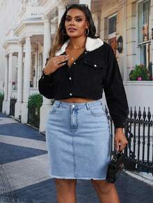 SHEIN Essnce 大码夏季休闲水洗不对称口袋毛边牛仔裙 - 淺色水洗藍 - 查看 3