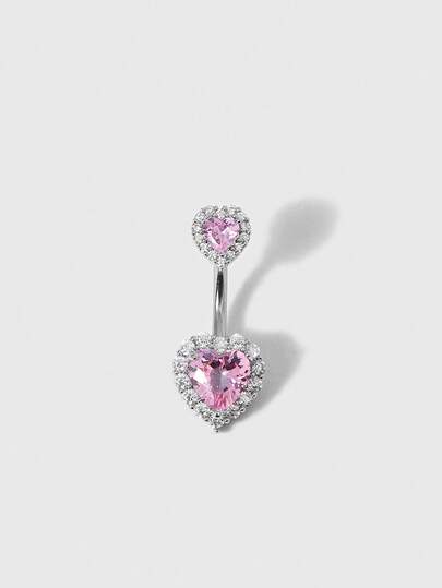 ROMWE Kawaii 1pc Heart Shaped Pink, White, Blue Zirconia Navel Piercing Jewelry, Medical Grade Stainless Steel