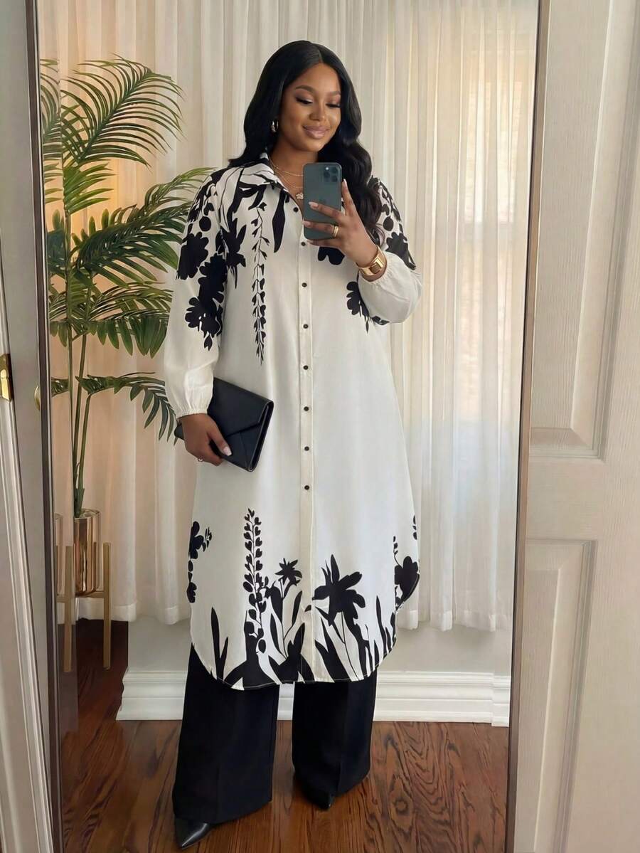 SHEIN Lady 大码女装春秋季休闲度假风印花灯笼袖弧形下摆超长衬衫和阔腿宽松裤两件套