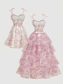 SHEIN MOD 大码优雅印花吊带连衣裙和网纱半身裙套装 - 粉色 - 查看 5