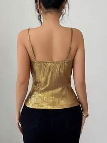 Elenzga New Shiny Gold Pleated Draped Neck Camisole, Versatile For Commute, Party, Vacation - Gold - View 4