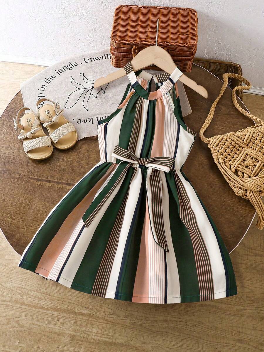 SHEIN 小女童塊狀條紋無袖繫腰帶連衣裙 - 彩色 - 查看 1