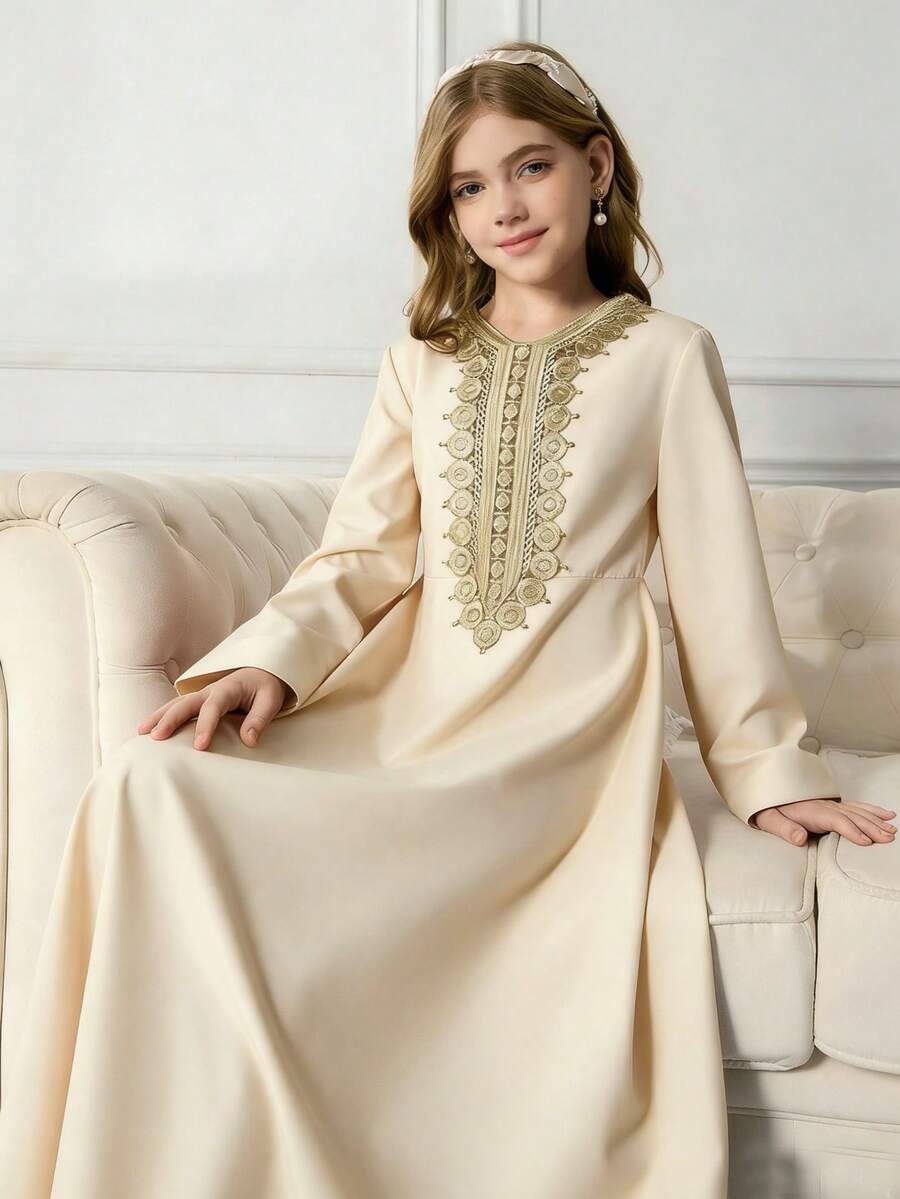 Tween Girl Contrast Lace Waist Party Holiday Dress - Apricot - View 1