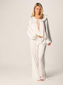 MISSGUIDED 女士荷叶边系领长袖荷叶边上衣搭配阔腿裤家居服套装，舒适透气 - 白色 - 查看 3