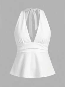 SHEIN ICON 女款 95% 棉 白色夏季 Y2K 夜出掛掛脖深 V 領抓皺 A 字露背上衣，可愛波西米亞海灘夏威夷音樂節島嶼女孩風 - 白色 - 查看 6
