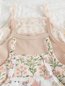 SHEIN Vintaside Kids 4件套女婴碎花上衣，舒适时尚的乡村风格，适合春夏穿着 - 杏色 - 查看 7