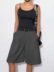 女士休闲宽松阔腿裤，纯色，适合夏季、秋季、都市通勤、商务休闲、办公穿着、教师着装 - 深灰色 - 查看 2