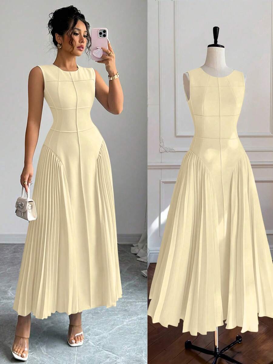 Rafferiza Abito a-line plissettato senza maniche con collo alla coreana, design minimalista, adatto per primavera/estate - Giallo chiaro - Visualizzare 1