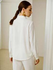 ZEYLAH Áo sơ mi dài tay kẻ sọc màu trơn dành cho nữ, thích hợp mặc đi làm hàng ngày. - trắng - Xem 3