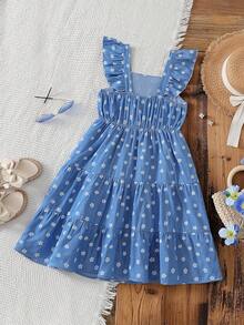 Vintaside Kids 女童夏季无袖吊带优雅清新花卉数码印花连衣裙，适合旅游、度假、海滩玩耍或参加家庭聚会、派对等活动。 - 藍色 - 查看 2