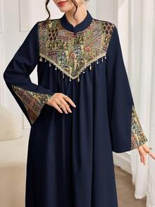 Al Najma Vestido modesto de estilo árabe de jacquard de moda para mujeres - Azul Marino - Ver 5