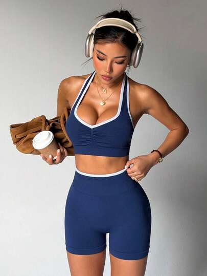 Dewbera Women's Contrast Trim Backless Halter Top And Shorts Sports Suit