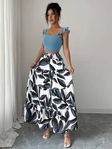 Elenzga Women's Ruffle Strap Backless Crop Top And Printed Flared Skirt 2-Piece Set - Baby Blue - View 7
