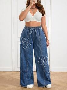 SHEIN CURVE+ Plus Size Women Drawstring Waist Pockets Floral Patch Casual Versatile Daily Wear Wide Leg Jeans - Blue - View 7