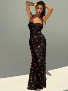 Aloruh 女士休闲优雅修身连衣裙，露背设计，适合女士夏季和度假穿着，樱花印花 - 彩色 - 查看 8