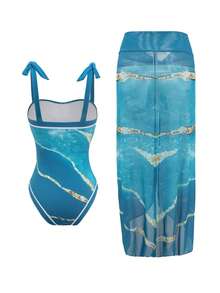 Swim Oasis Áo tắm liền thân kiểu dáng nghỉ dưỡng tối giản in họa tiết dành cho nữ - Màu xanh lam - Xem 2