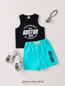 Cozy Pixies 2pcs Baby Boy Letter Print Crew Neck Sleeveless Tank Top And Shorts Set - Multicolor - View 1