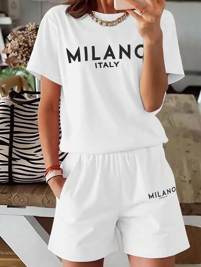 Airaco 2pcs Women Summer Casual Letter Print Round Neck Short Sleeve T-Shirt And Shorts Set