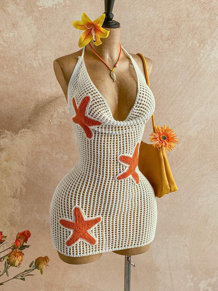 Soleia Women's Sexy Backless Starfish Crochet Knit Draped Neck Vacation Dress - Beige - View 1