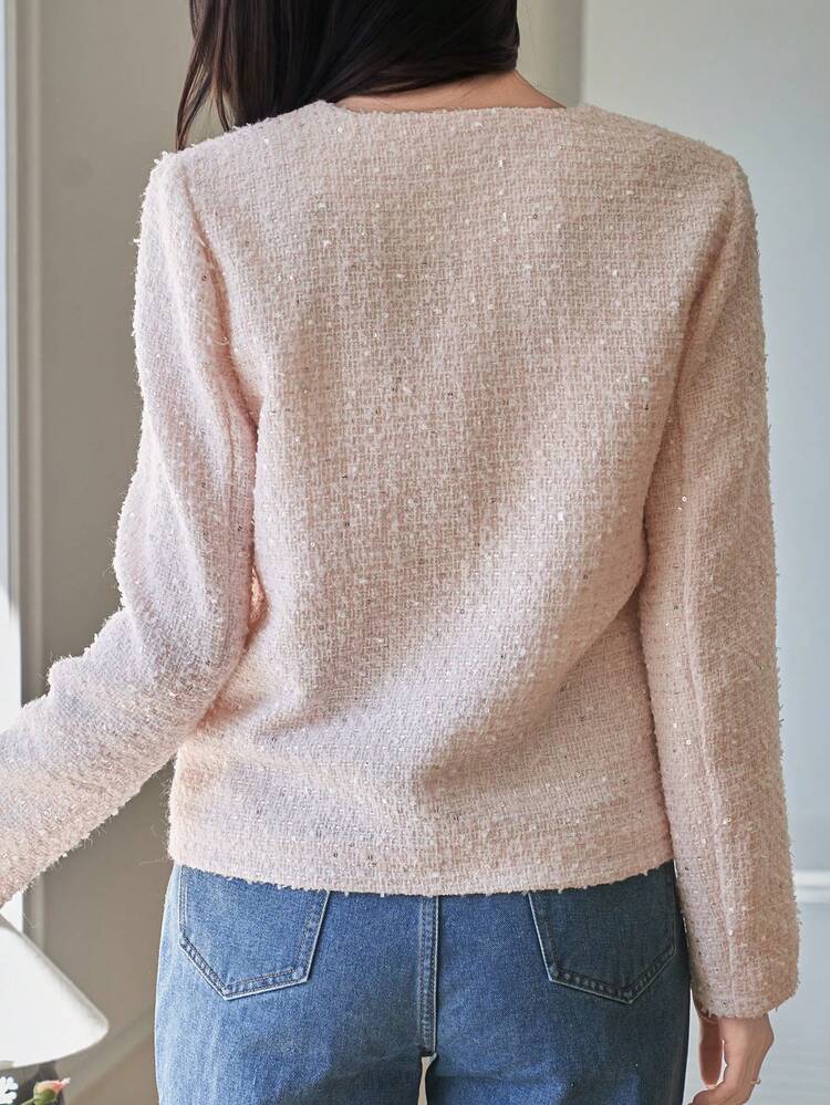 Women's Elegant Round Neck Faux Pocket Regular Jacket, Spring
