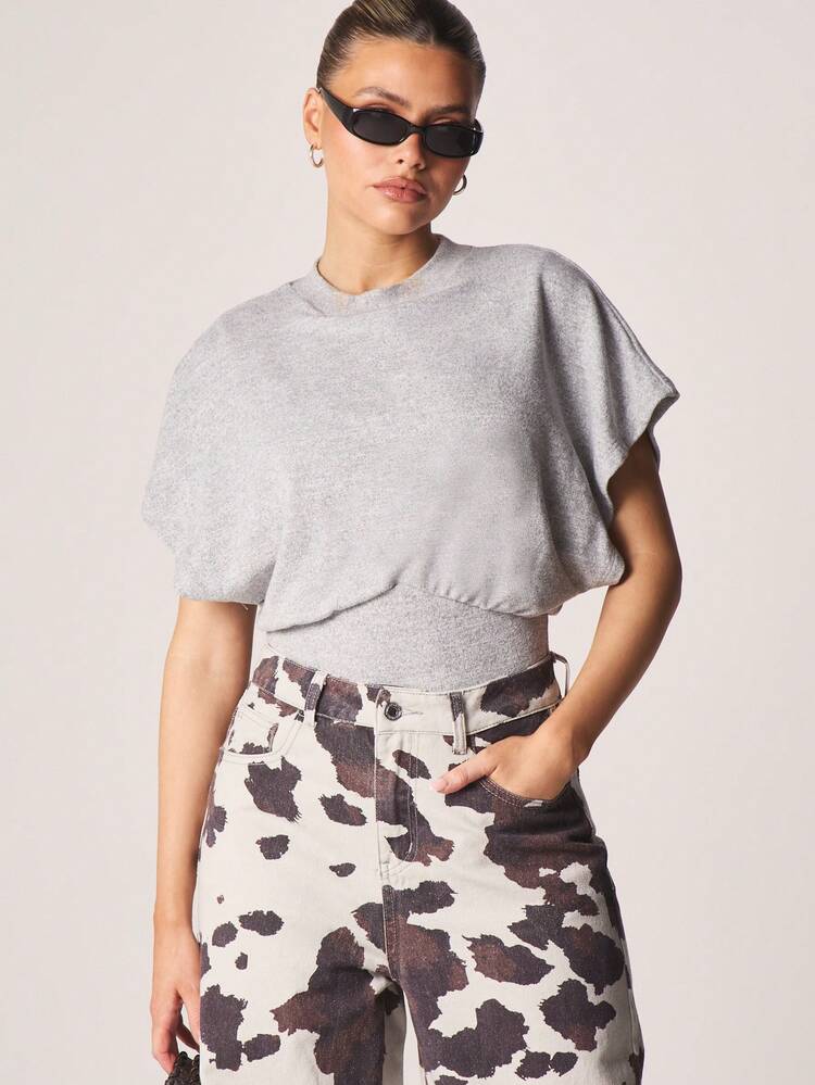 MISSGUIDED Heathered Grey Short Sleeve Crew Neck Fitted Bodysuit With Elastic Hem Detail For Casual Everyday Layering And Weekend Comfort