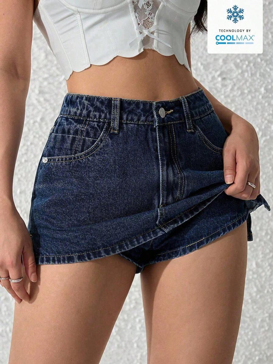 SHEIN PETITE 女士纯色休闲系带牛仔短裤，夏季时尚 - 深色水洗藍 - 查看 1