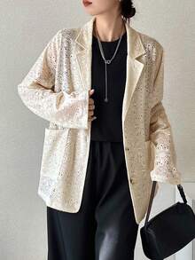 FRIFUL 女士纯色杏色薄纱蕾丝面料叠层宽松休闲百搭西装外套 - 杏色 - 查看 2