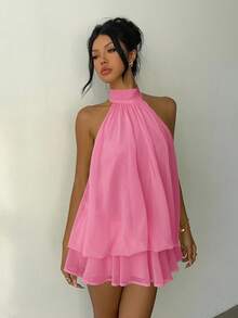 Aloruh Women's Elegant Light Yellow Halter Tie Mini Dress - Coral Pink - View 6