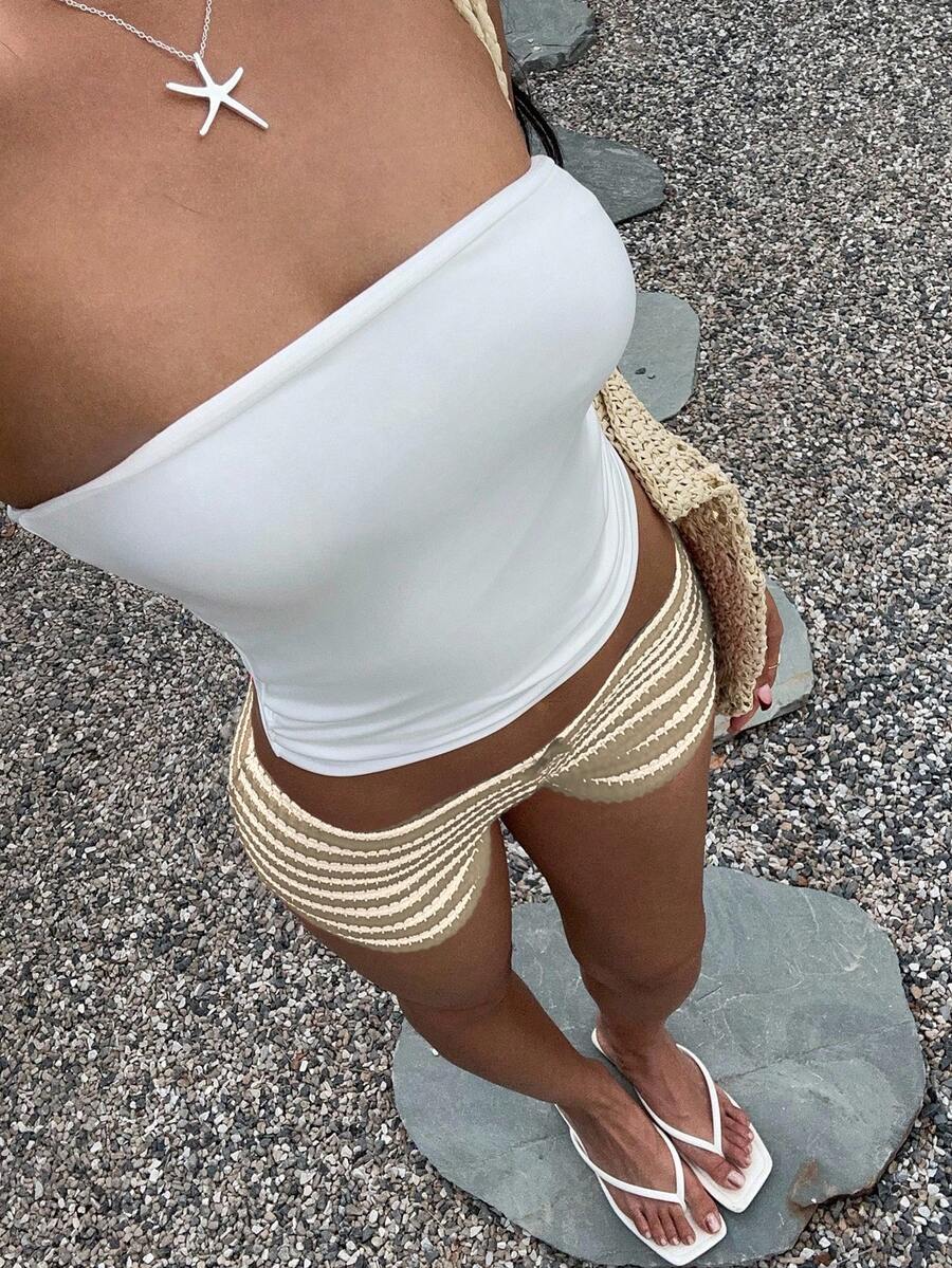 Aloruh Damen Shorts mit Schleifen-Dekor, gestreift, elegant, mit extra-niedriger Taille - Khaki - Übersicht 1
