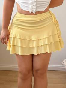 Sunnyshic Falda mini casual de noche para mujer de talla grande, de unicolor y con pliegues, versátil y de moda - Amarillo - Ver 5