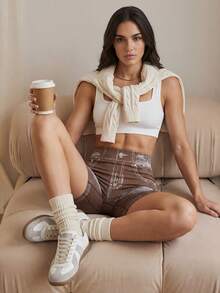 Anewsta Women's Denim Effect Print Tight Fit Athletic Shorts - Coffee Brown - View 2