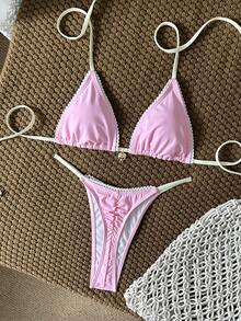 Swim Mod Women's Swimsuit Set, Halter Tie Waist Ruched Thong Bikini, Fashionable Casual Cute Two Pieces, Suitable For Spring, Summer, Autumn, Winter - Pink - View 2