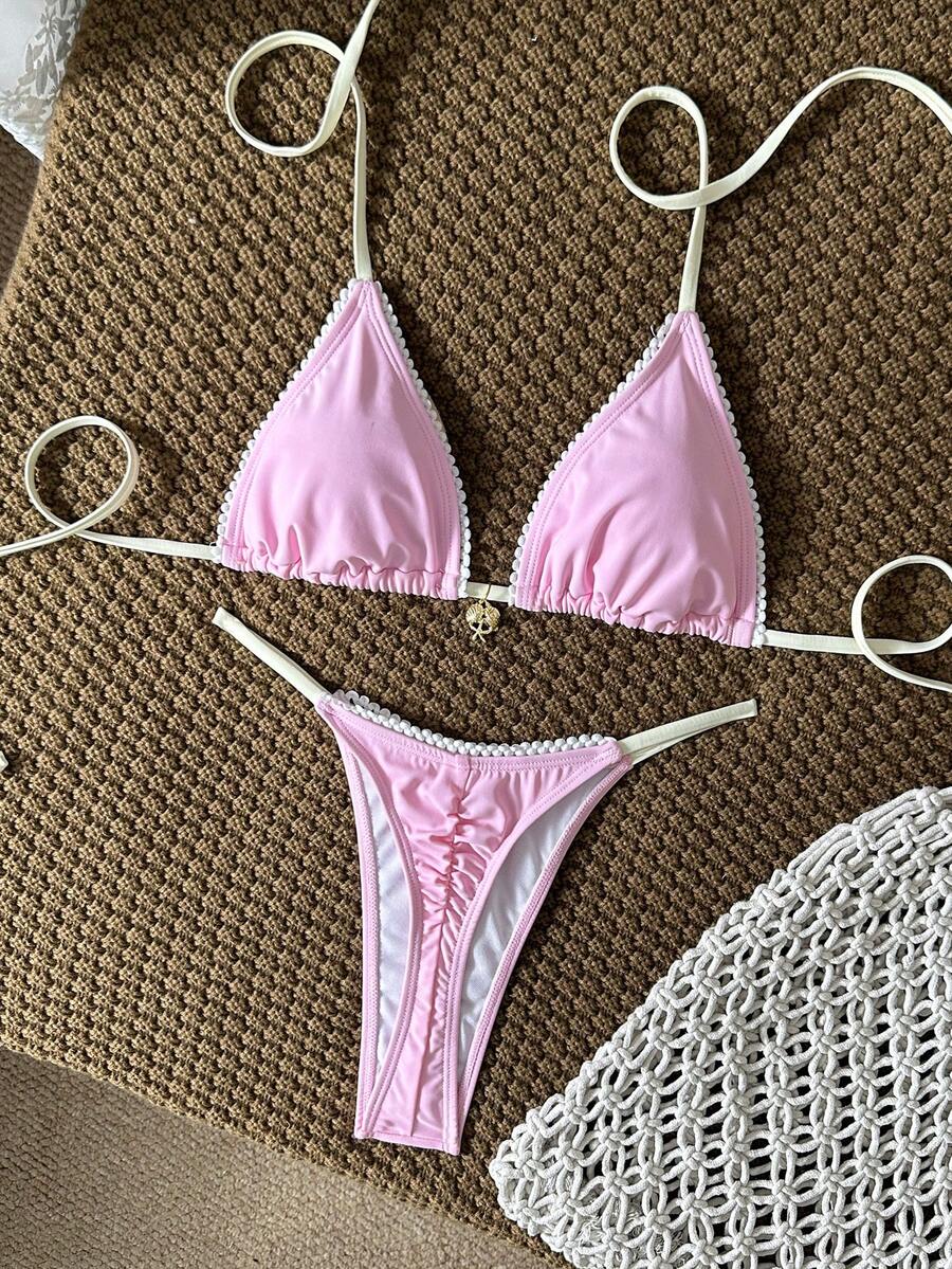 Swim Mod Conjunto de traje de baño para mujer, bikini con tanga fruncido, cintura con lazo y escote halter, elegante y casual, adecuado para primavera, verano, otoño e invierno - Rosa - Ver 1