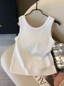 SHEIN Áo ba lỗ cổ tròn thường ngày đính nơ sequin cho nữ - trắng - Xem 2