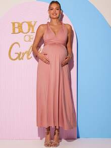 Loomaby Đầm dài quai vai thời trang dành cho bà bầu, thích hợp cho tiệc mừng em bé sắp chào đời. - Hồng - Xem 5