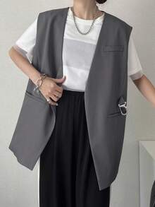FRIFUL Áo blazer nữ màu xám trơn dáng rộng cổ chữ V có túi trang trí, kiểu dáng thường ngày. - Xám - Xem 1