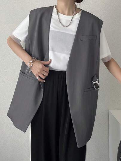 FRIFUL 女士纯灰色超大口袋装饰V领休闲西装外套