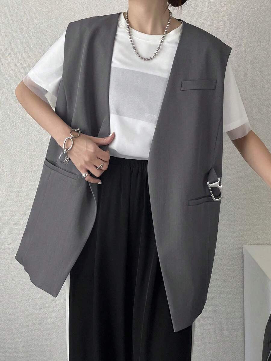 FRIFUL Áo blazer nữ màu xám trơn dáng rộng cổ chữ V có túi trang trí, kiểu dáng thường ngày. - Xám - Xem 1