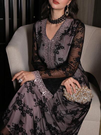 Al Najma Elegant Lace Long Sleeve Dress, Sexy & Glamorous For Party Wear