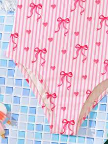 SHEIN 亮粉色，可爱蝴蝶结，爱心，条纹图案，少女休闲简约连体泳衣，适合夏季度假、海滩穿着，少女风 - 彩色 - 查看 7