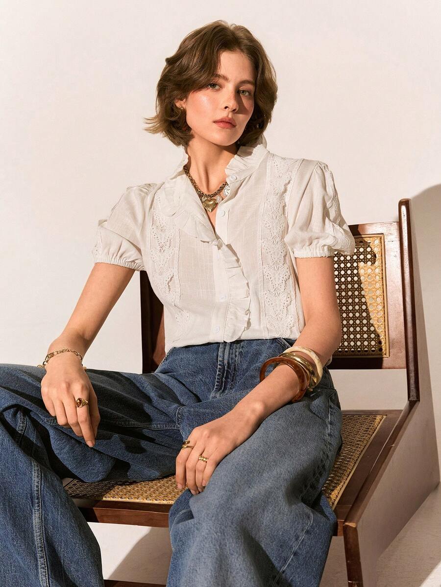 Poéselle 女士夏季休闲度假荷叶边撞色蕾丝短袖衬衫 - 白色 - 查看 1