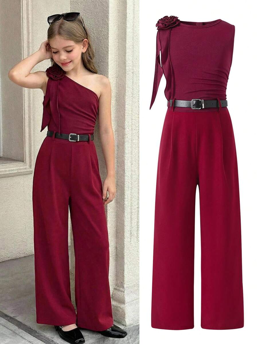 SHEIN Tween Girl Plunging Neckline Burgundy Jumpsuit, Commute & Everyday Wear High Fashion Girls Jumpsuit - Burgundy - View 1